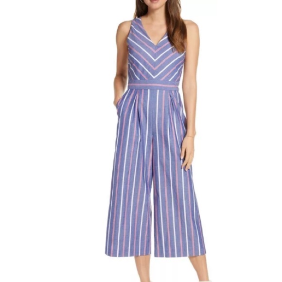 1901 Chevron Stripe Cropped Sleeveless Jumpsuit In Denim Size 12